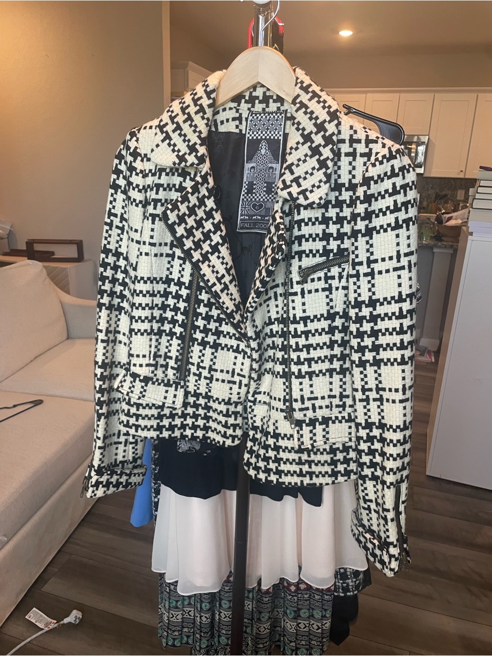 L.A.M.B. Black & White Plaid Tweed Moto Blazer